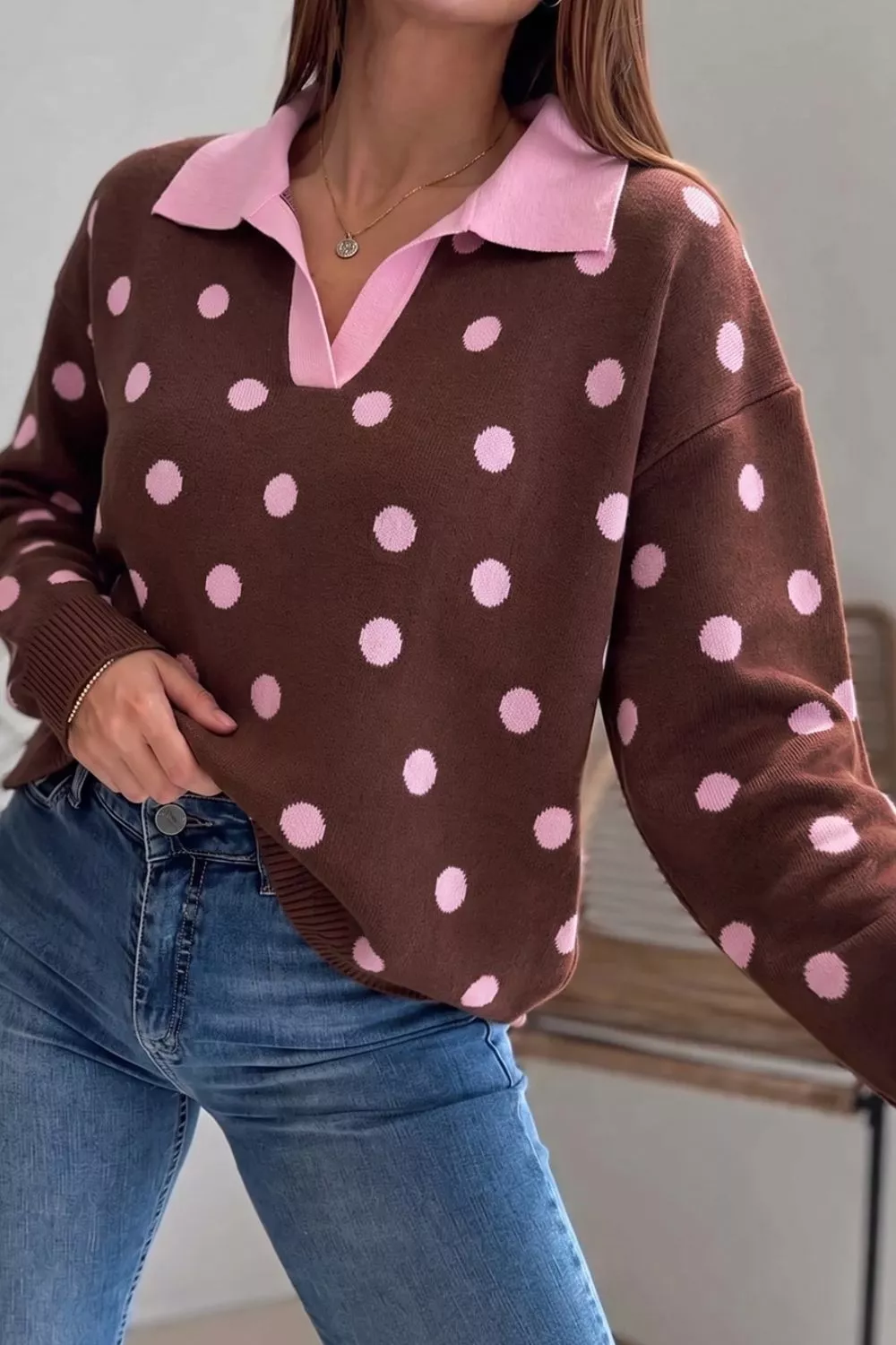 Polka Dot Pattern Color Block Collared Loose Pullover Sweater, image 3