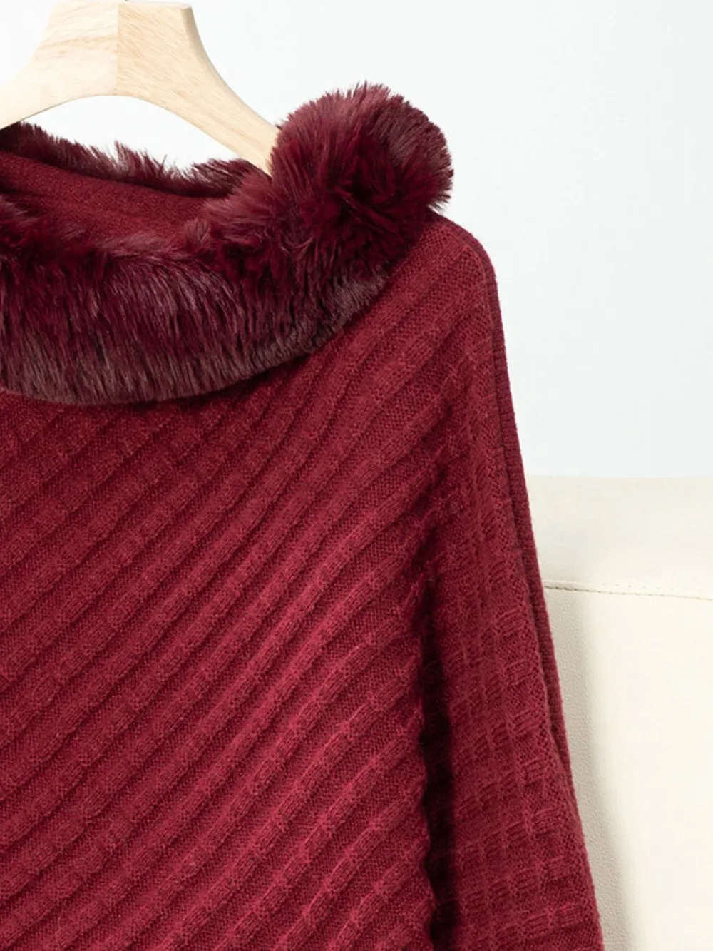 Fuzzy Trim Texture Three-Quarter Sleeve Poncho, image 21