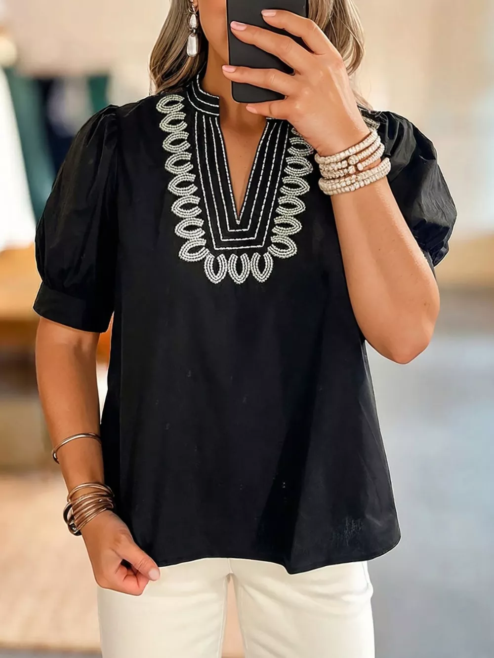 Notched Puff Sleeve Blouse, image 3