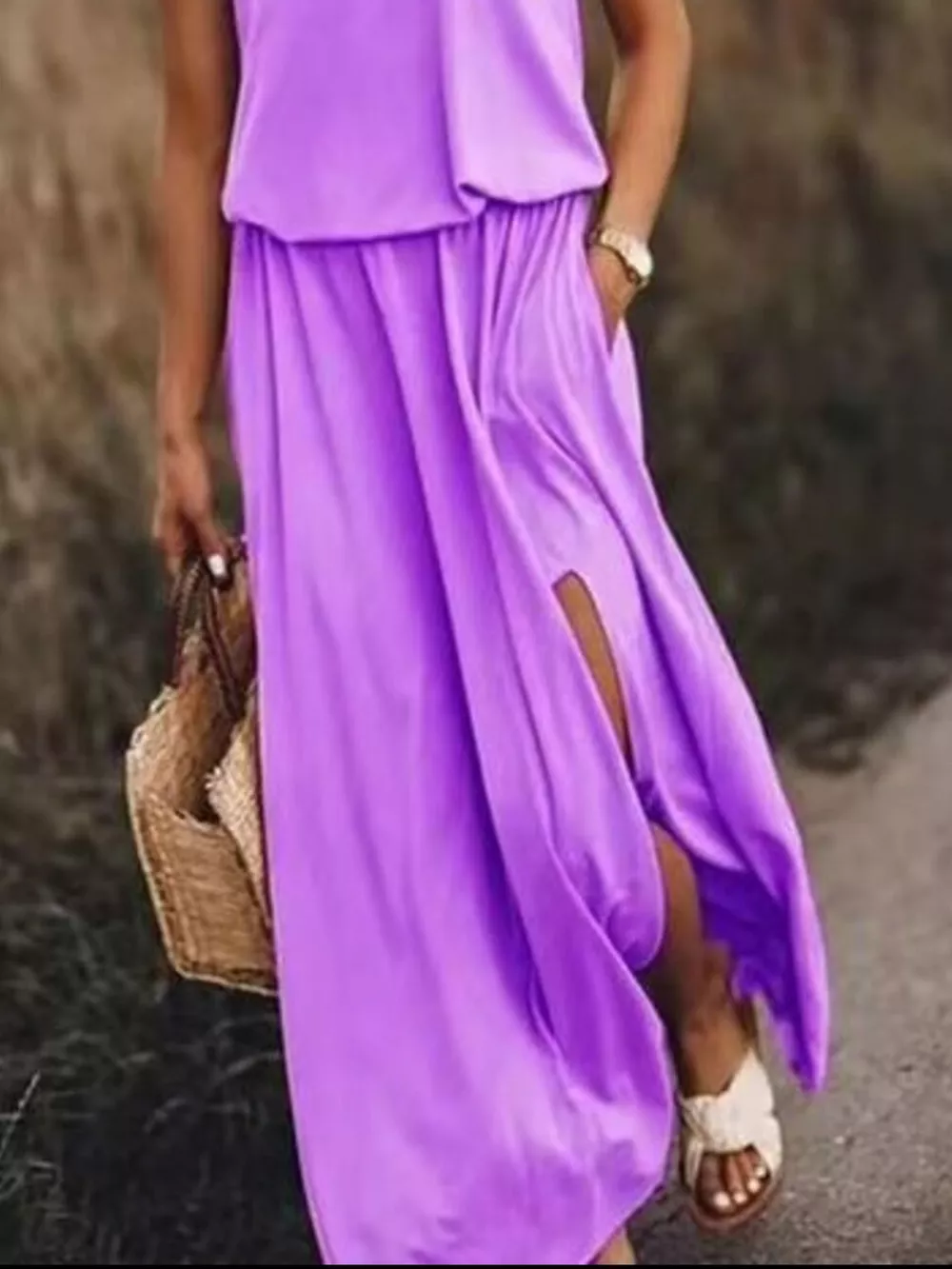 Full Size Round Neck Sleeveless Slit Maxi Dress Plus Size, image 26