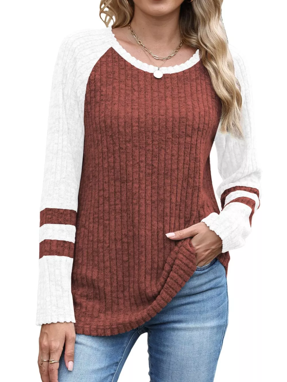 Ribbed Knit Raglan Long Sleeve T-Shirt, image 18