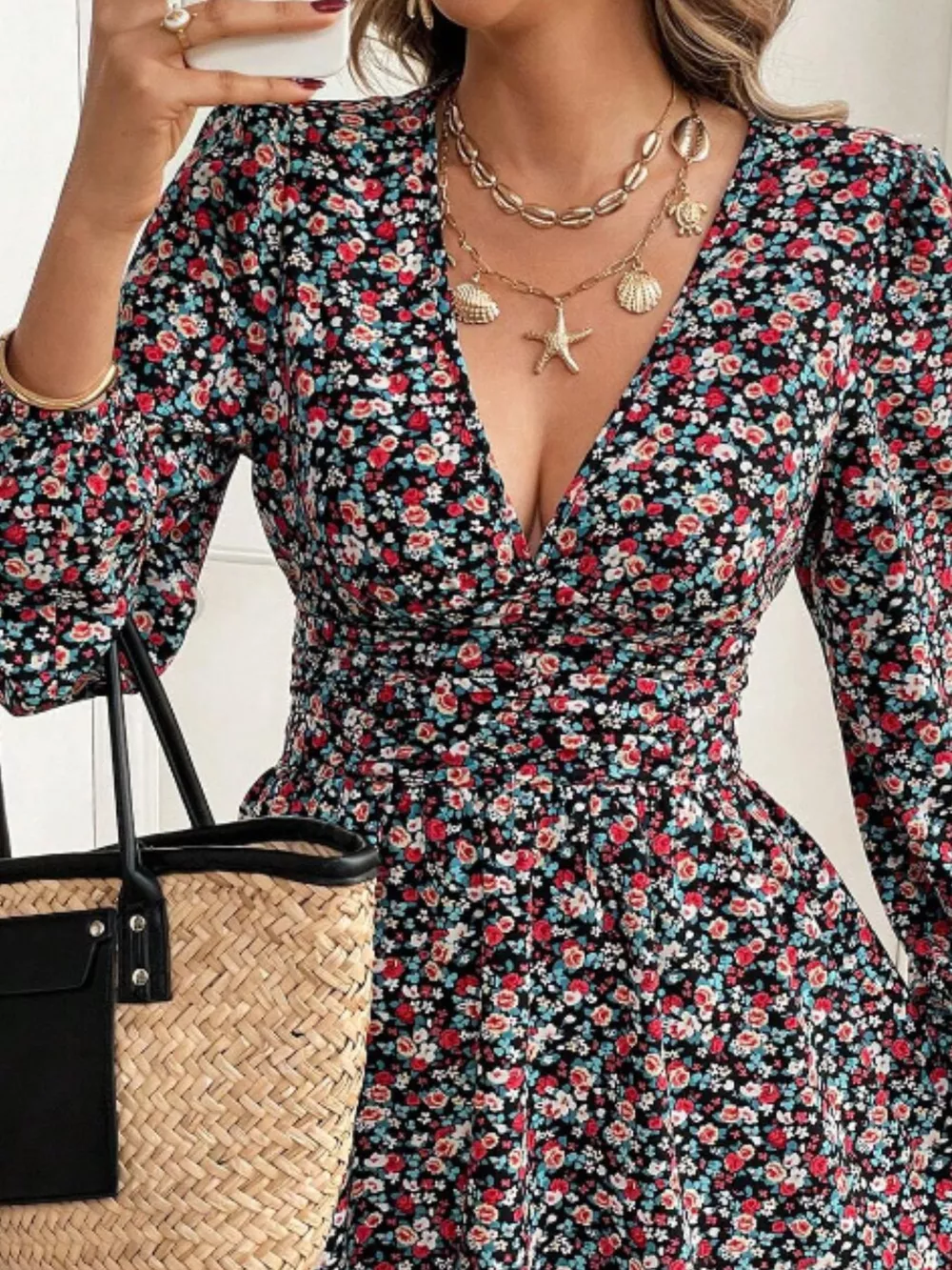 Printed Balloon Sleeve Mini Dress, image 2