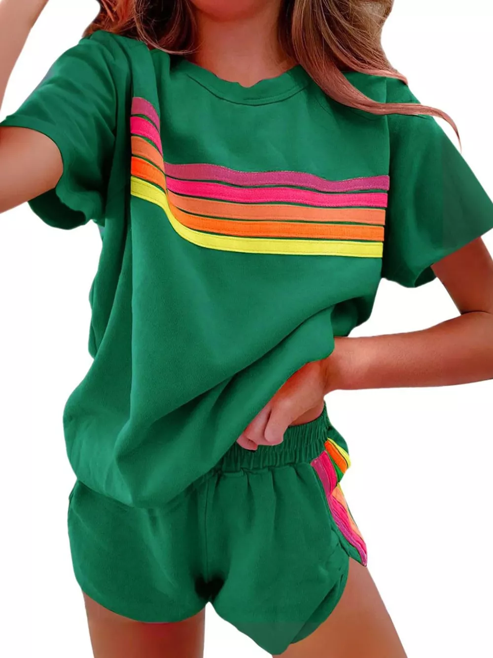 Rainbow Striped Round Neck Top and Shorts Set, image 21