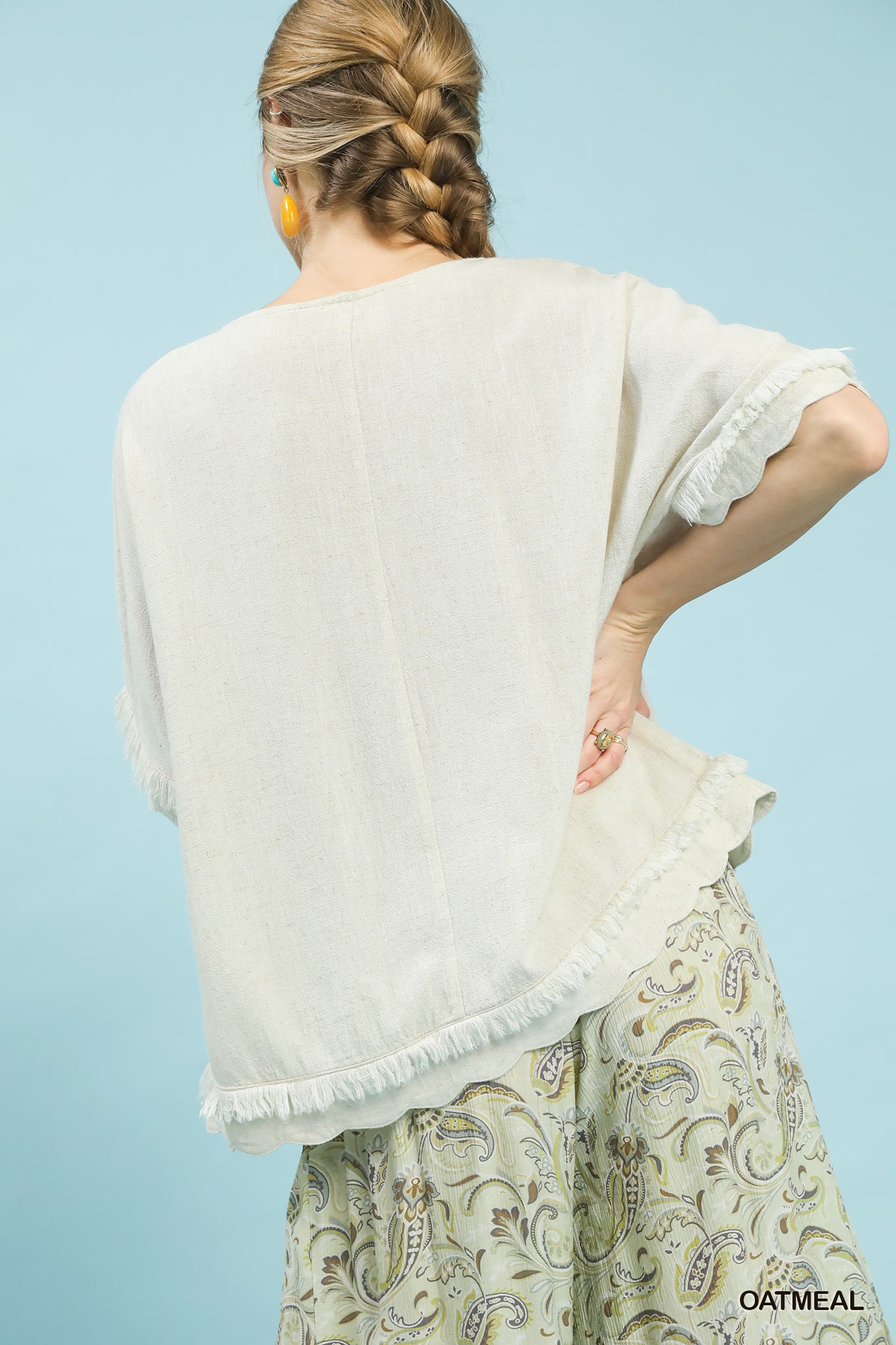 Linen Frayed Hem Scallop Edge Top, image 5