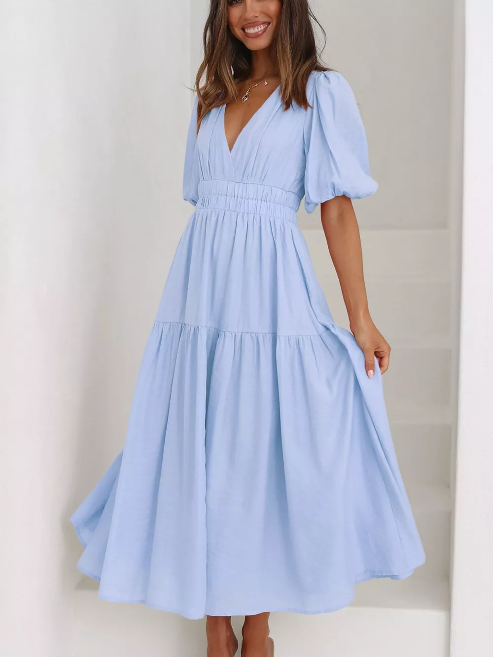 V-Neck Puff Sleeve Midi Dress, image 7
