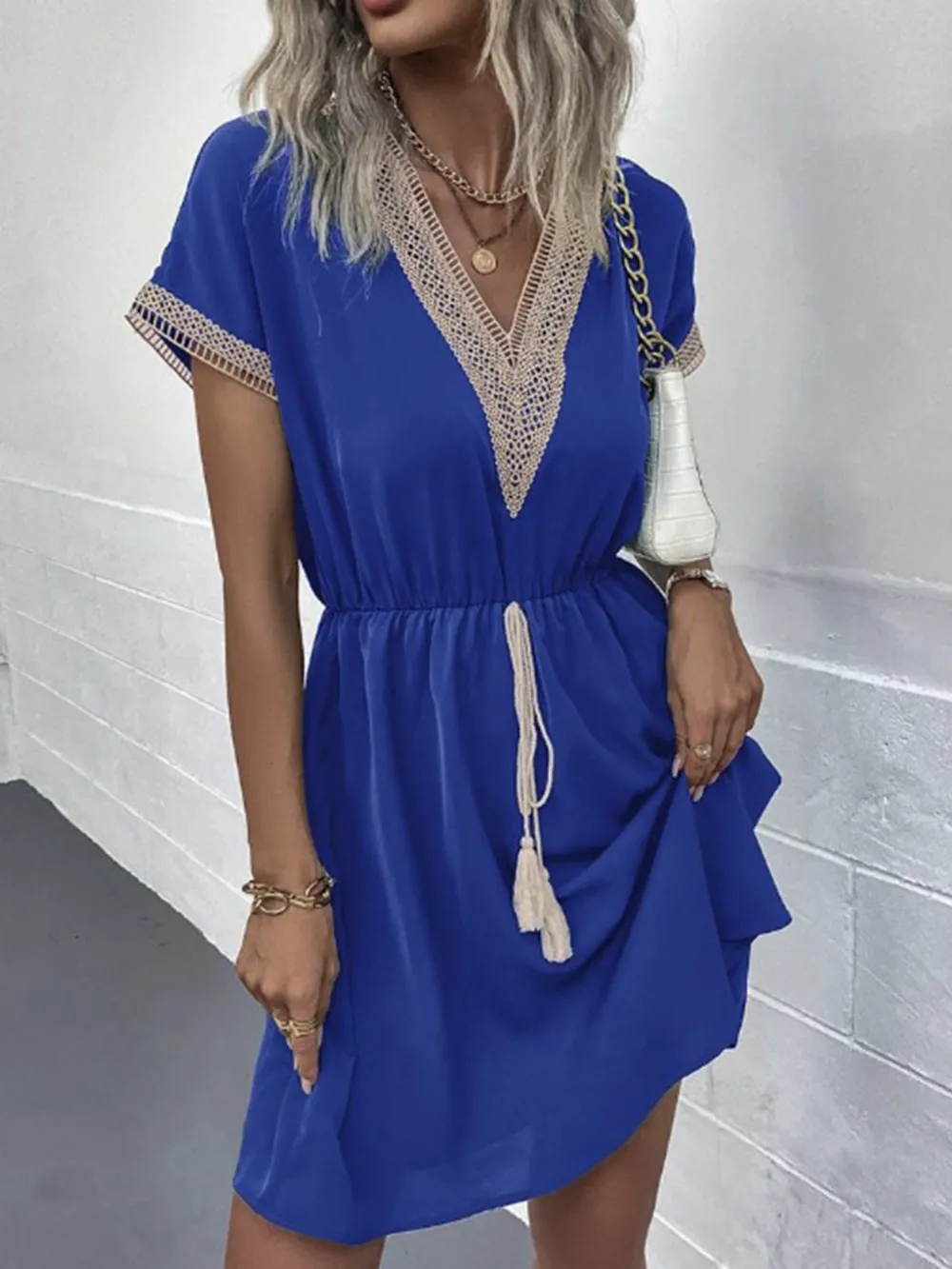 Full Size Tassel V-Neck Short Sleeve Dress Plus Size, image 18
