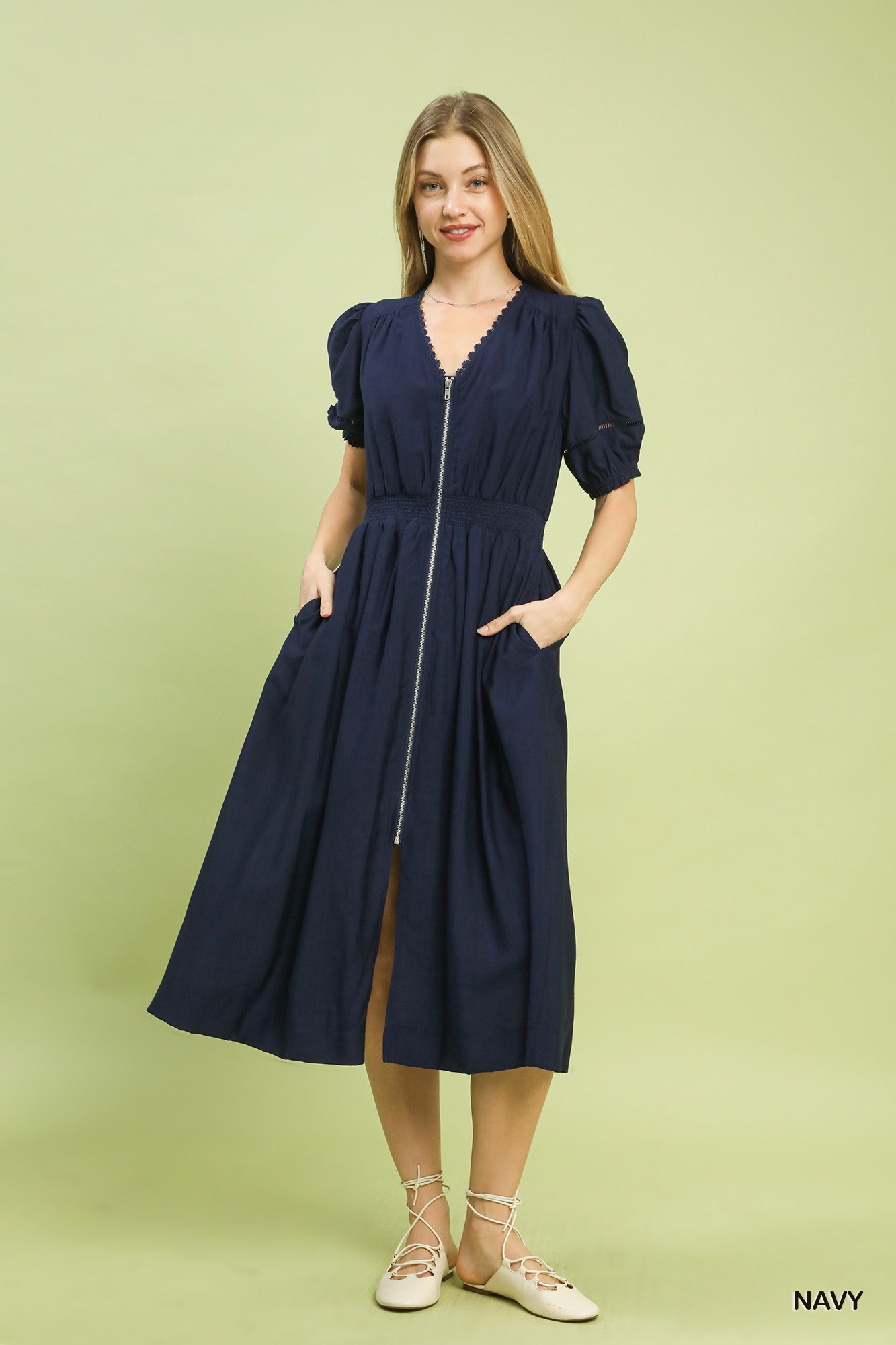 Zip-Front Smocked Waist Midi Dress, image 5