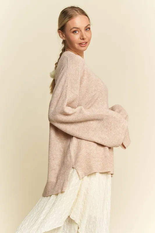 High-Low Round Neck Drop Shoulder Sweater, image 2