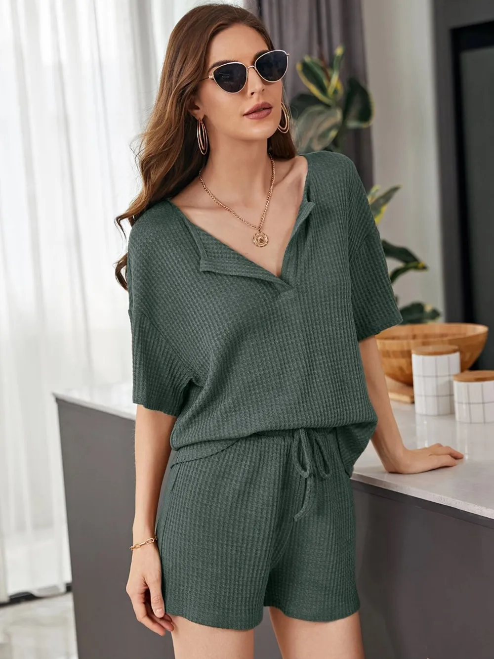 Full Size Waffle-Knit Dropped Shoulder Top and Shorts Set, image 22