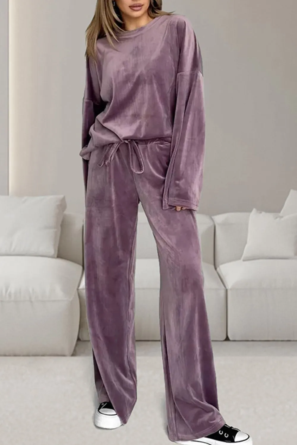 Buttery-Soft Round Neck Long Sleeve Top and Drawstring Pants Set, image 5