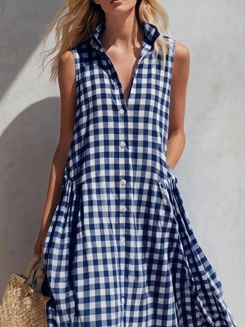Full Size Sleeveless Gingham Button-Down Midi Dress Plus Size, image 8