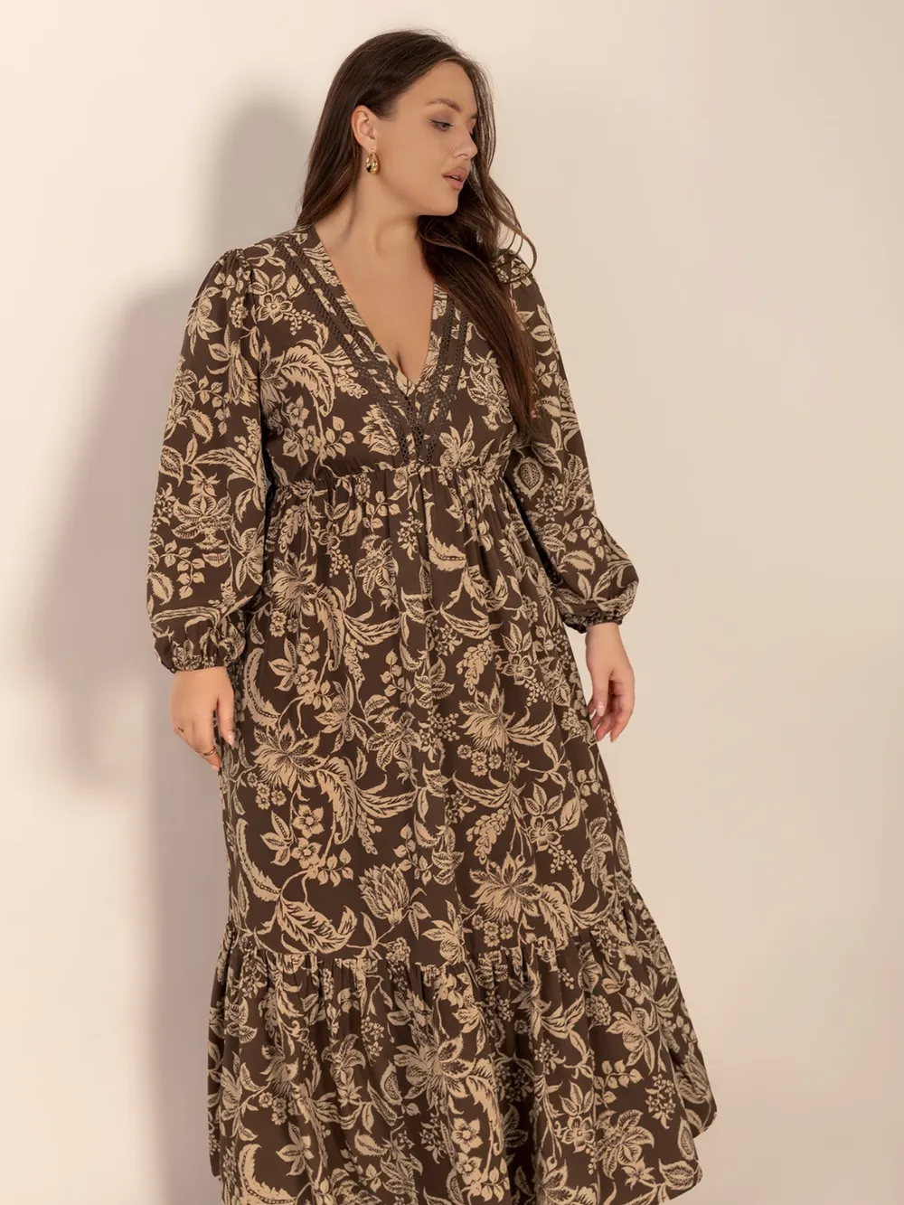 Plus Size Printed V-Neck Balloon Sleeve Maxi Dress, image 7