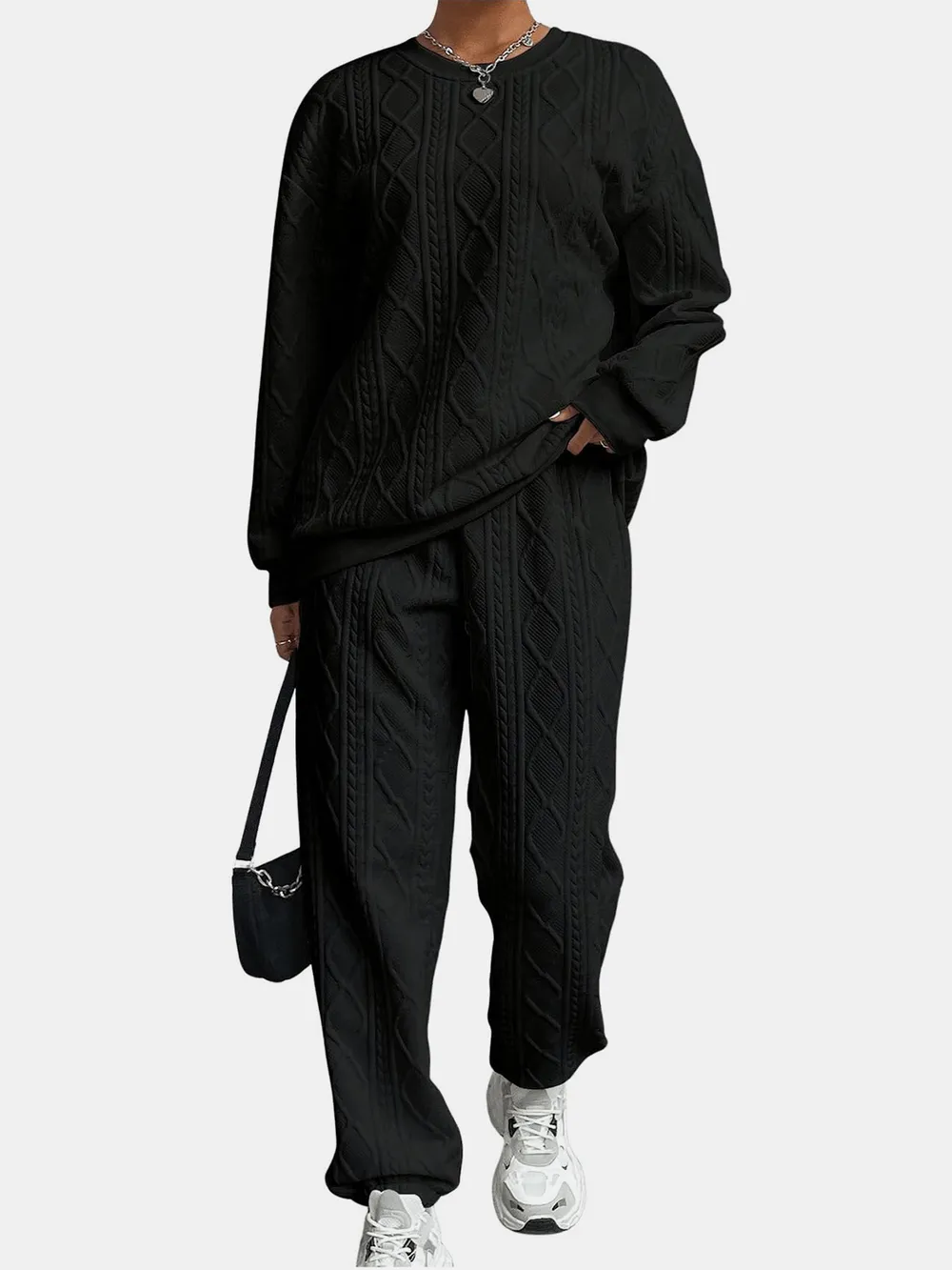 Texture Round Neck Top and Pants Set, image 6