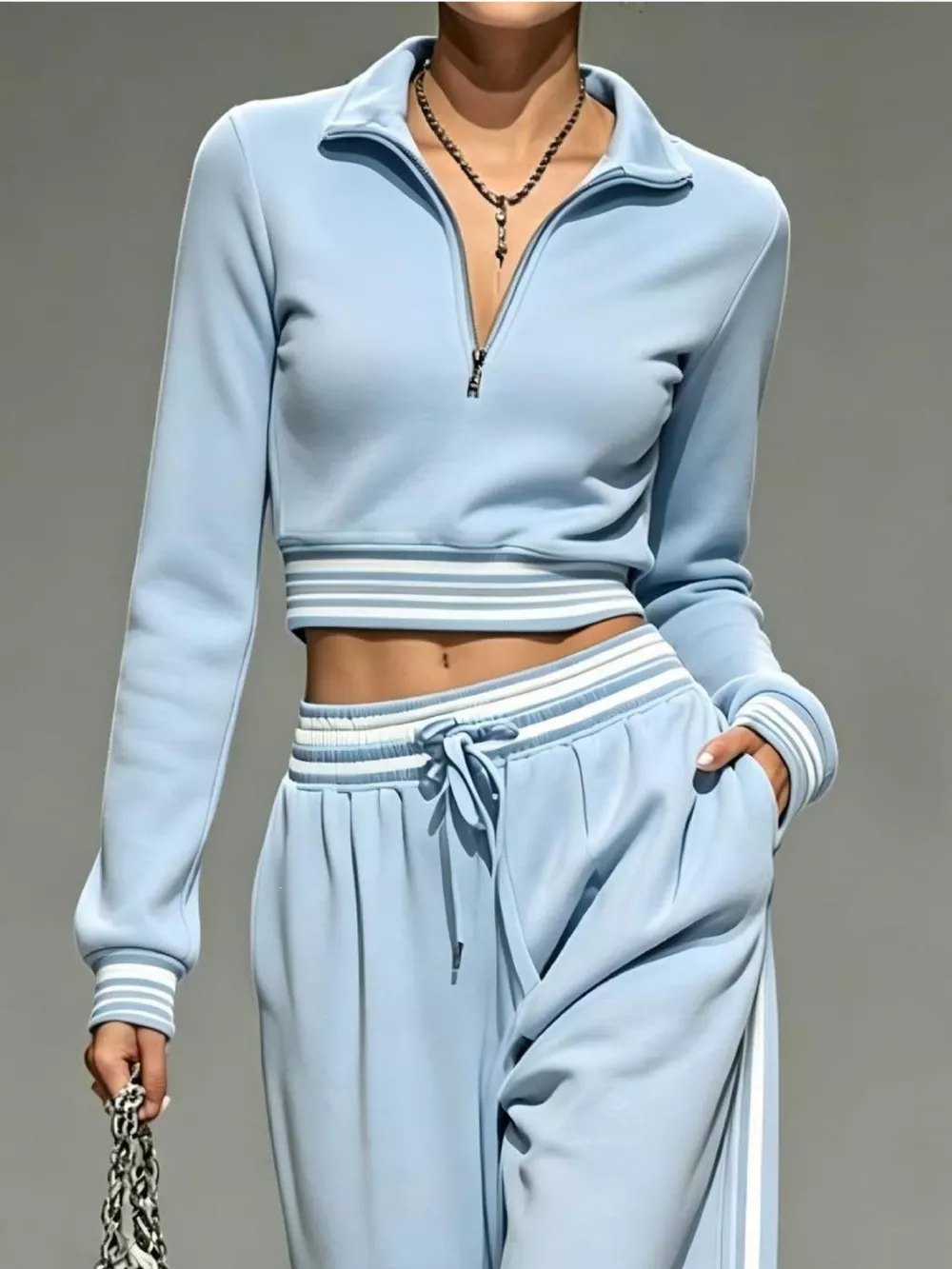 Full Size Half Zip Cropped Top and Pants Set Plus Size, image 3