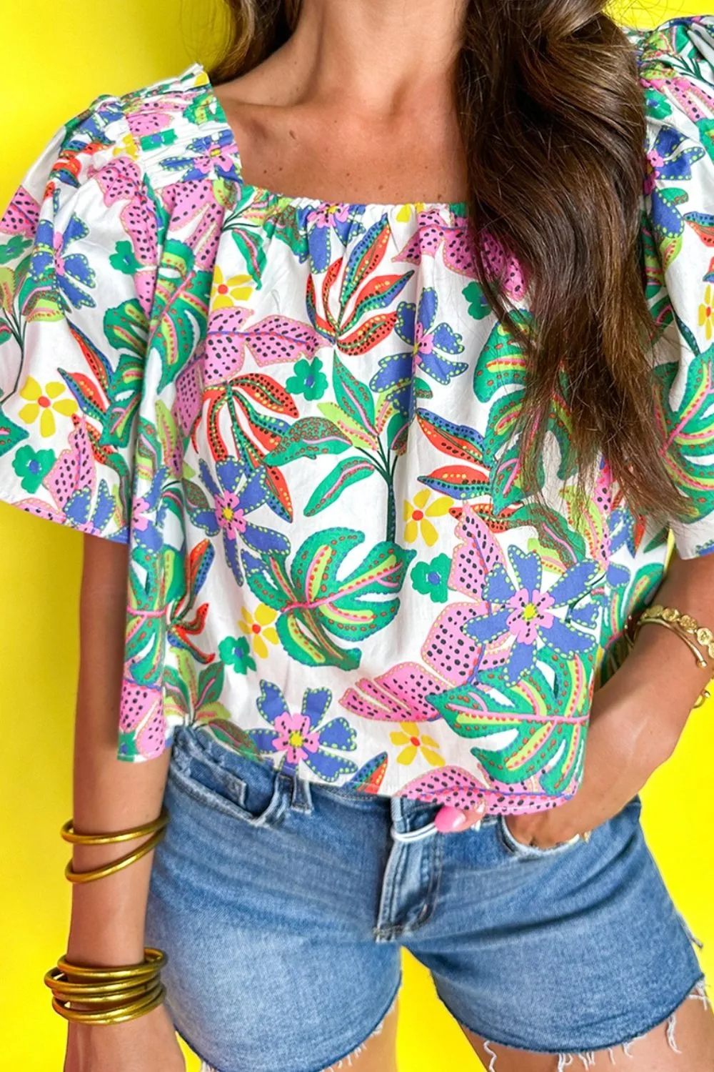 Plant Print Loose Fit Puff Sleeve Square Neck Blouse, image 3