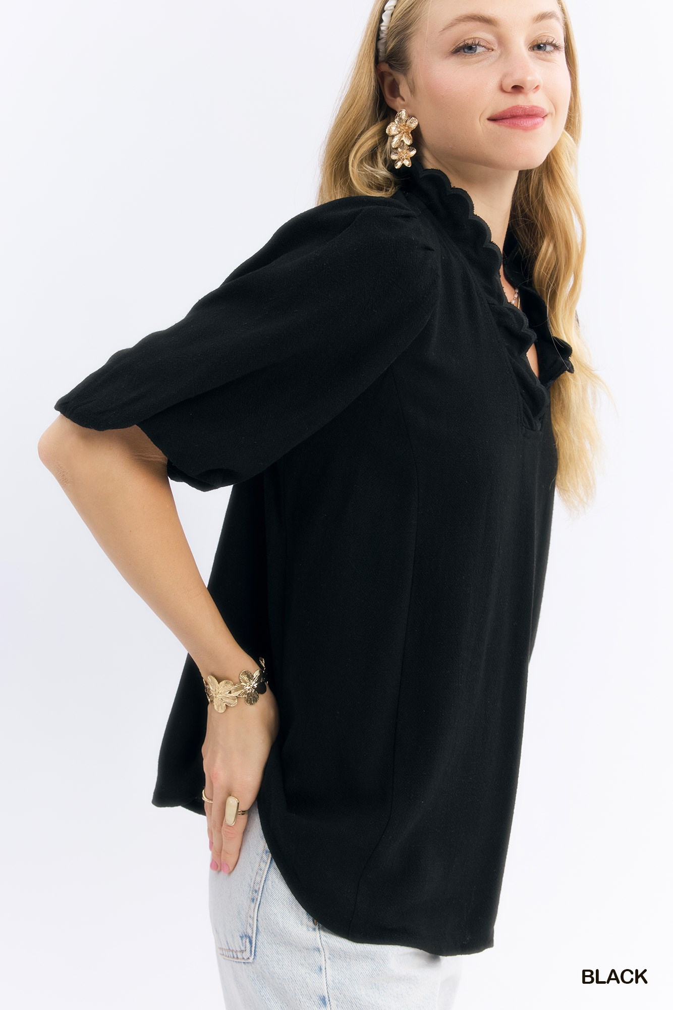 Linen Scallop Trim V-Neck Blouse, image 5
