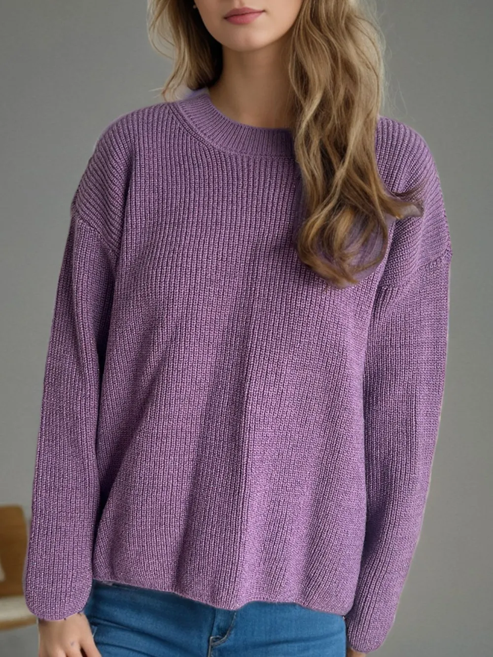 Solid Color Round Neck Long Sleeve Sweater, image 10