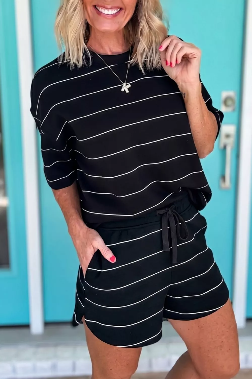 Striped Round Neck Top and Drawstring Shorts Set, image 2