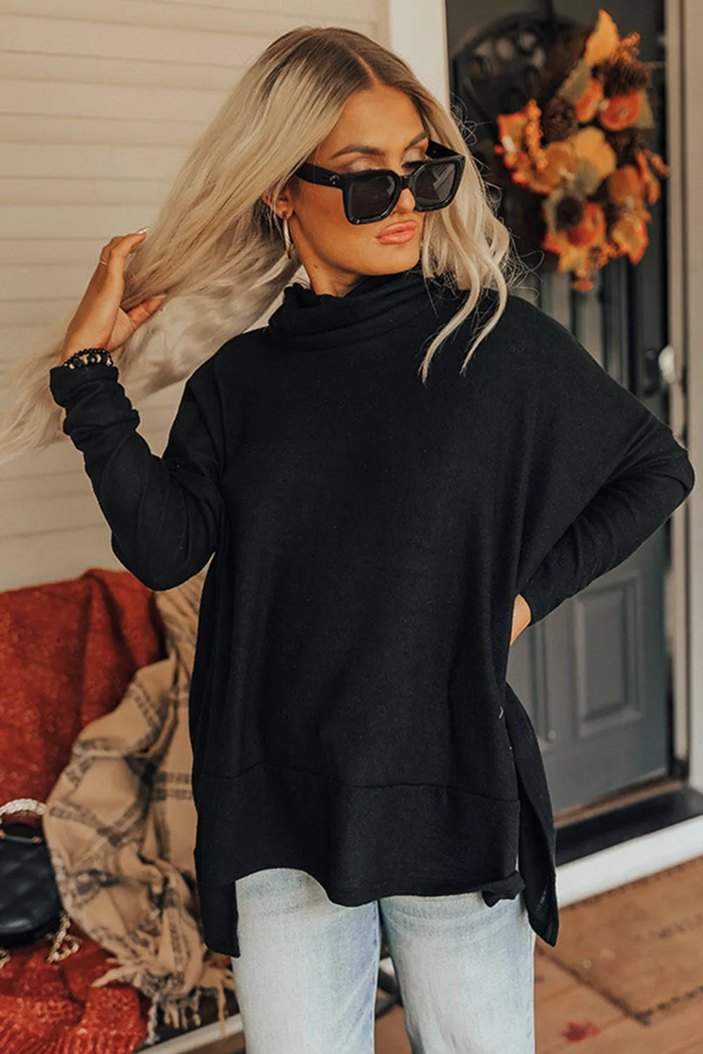 Side Slit High-Low Cowl Neck Long Sleeve Blouse, image 24