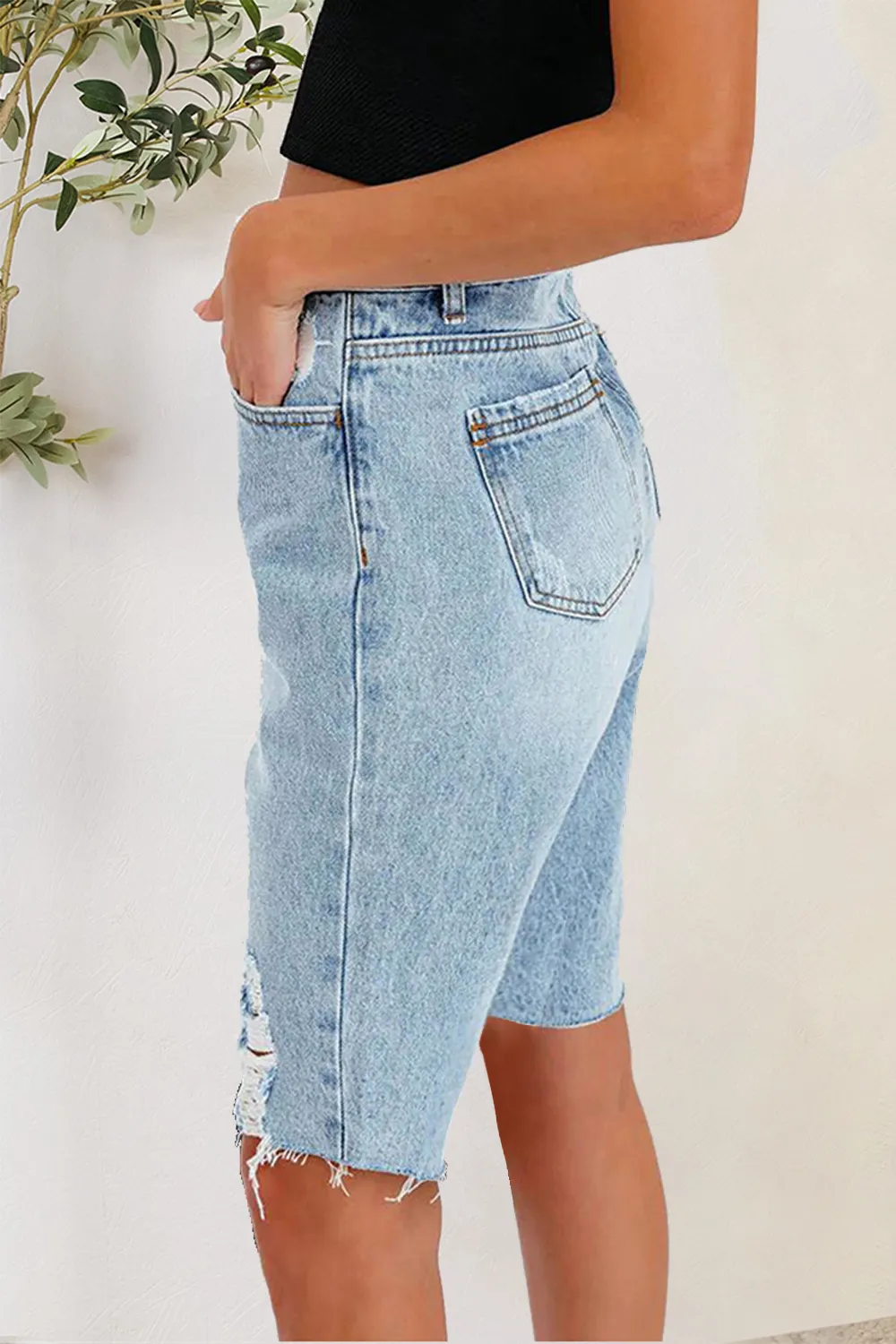 Distressed Pocketed Denim Shorts, image 2