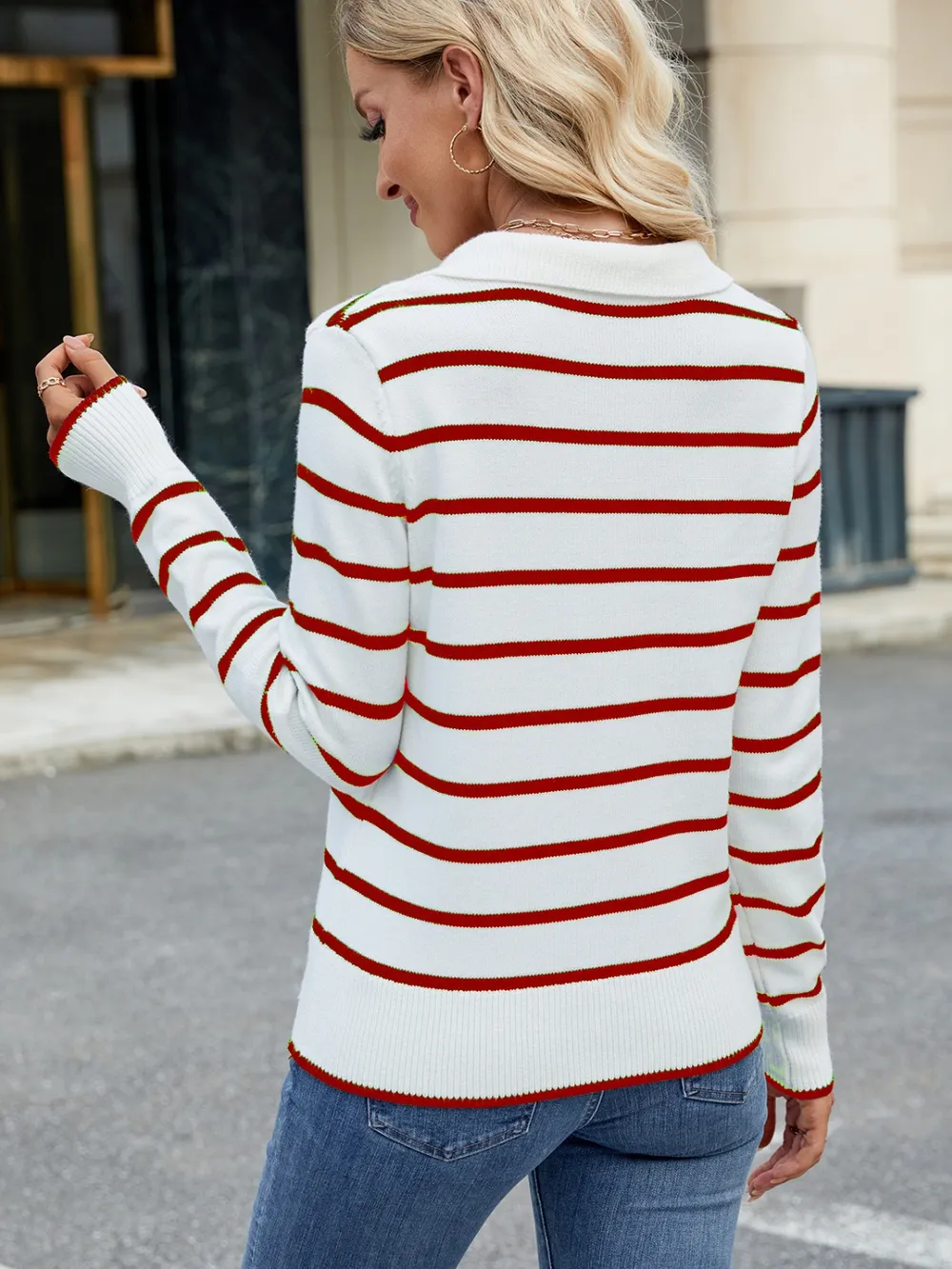 Striped Johnny Collar Long Sleeve Sweater, image 15