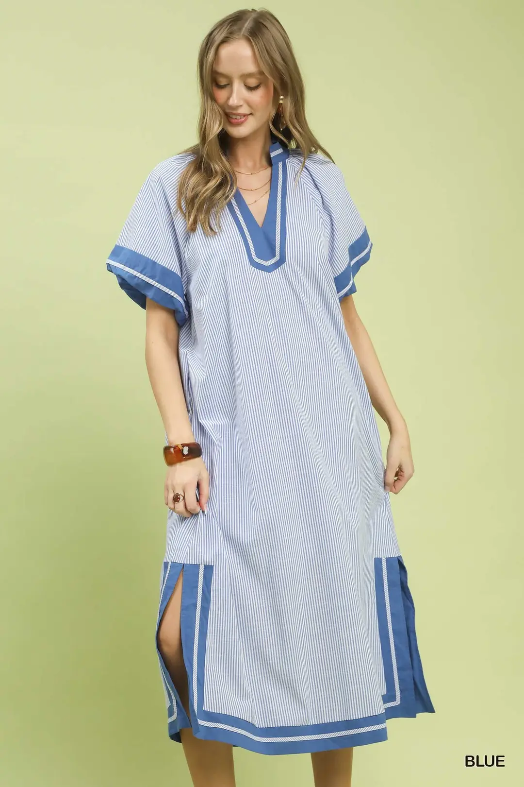 Pinstripe Contrast Trim Midi Dress
