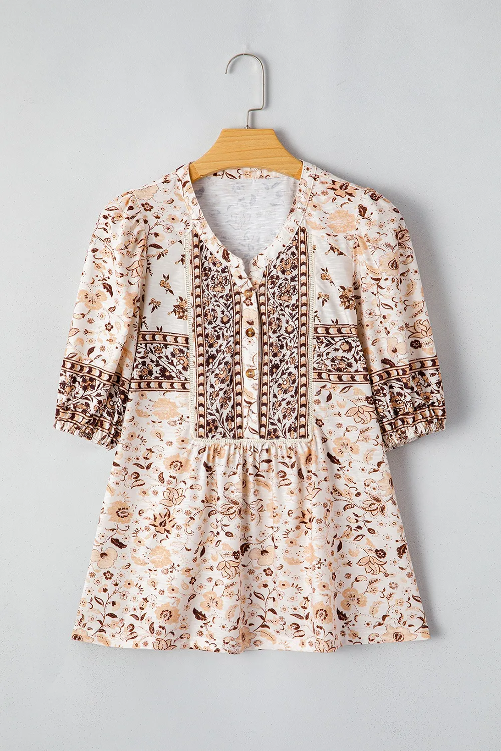 Boho Floral Print Half Placket Short Sleeve Loose Blouse, image 11