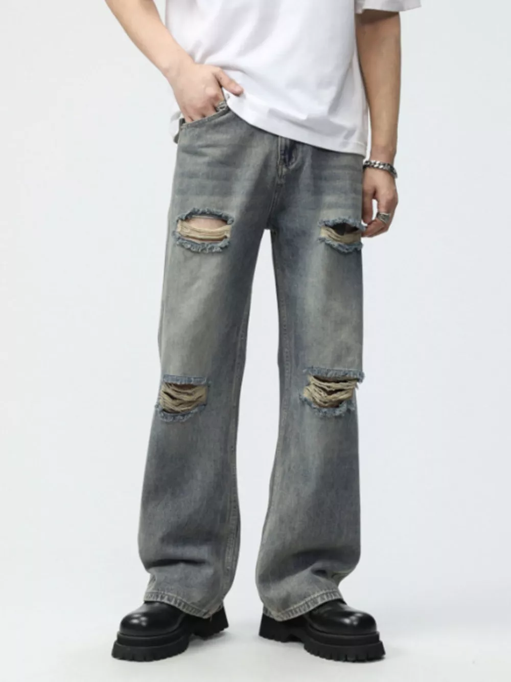Men's Full Size Distressed Wide Leg Jeans Plus Size