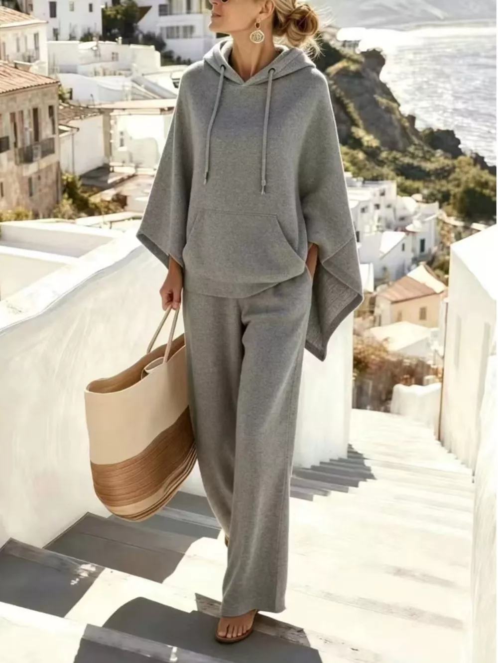 Hooded Poncho and Wide-Leg Pants Set, image 8