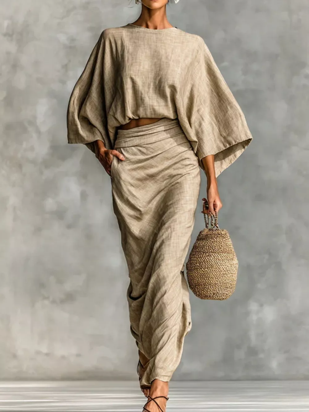 Full Size Kimono Sleeve Top and Ruched Skirt Set Plus Size, image 6