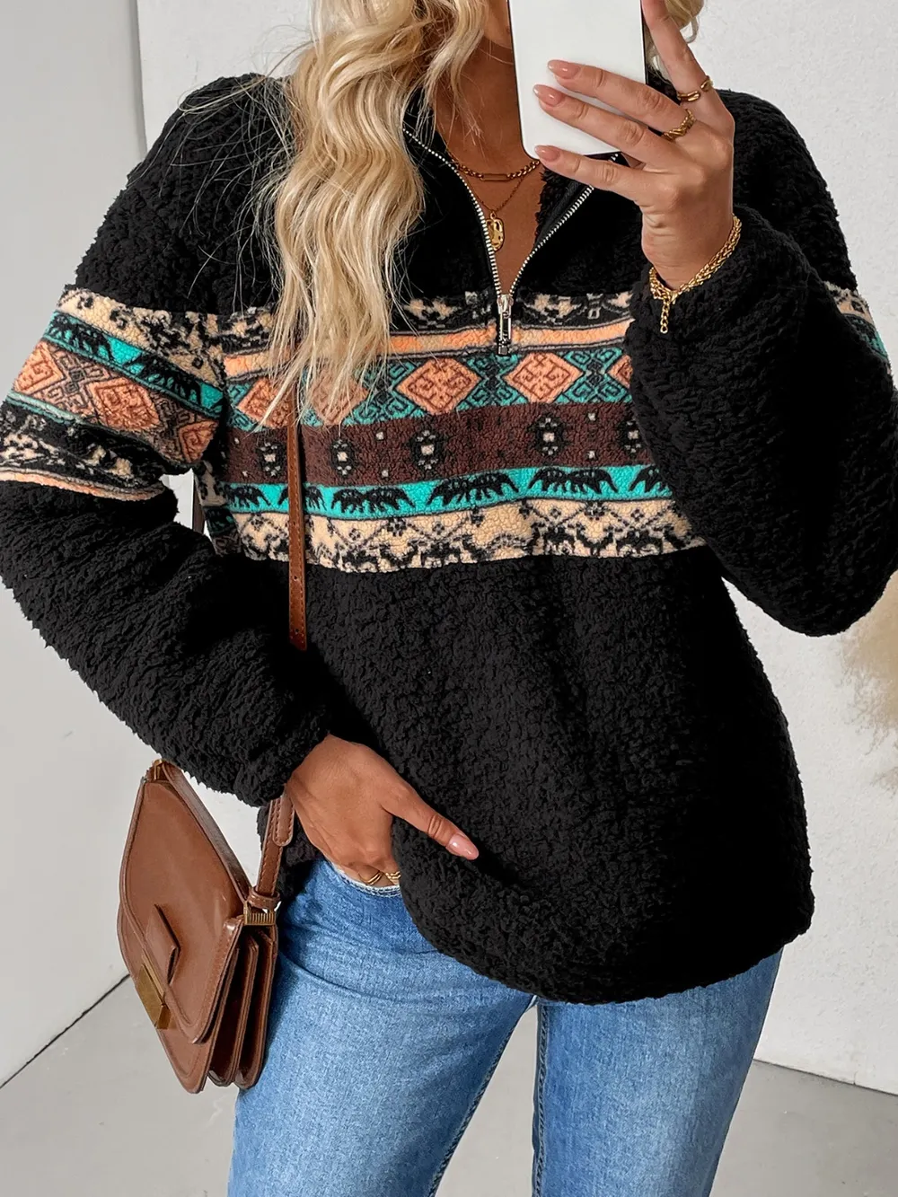 Quarter Zip Geometric Long Sleeve Sweatshirt, image 6
