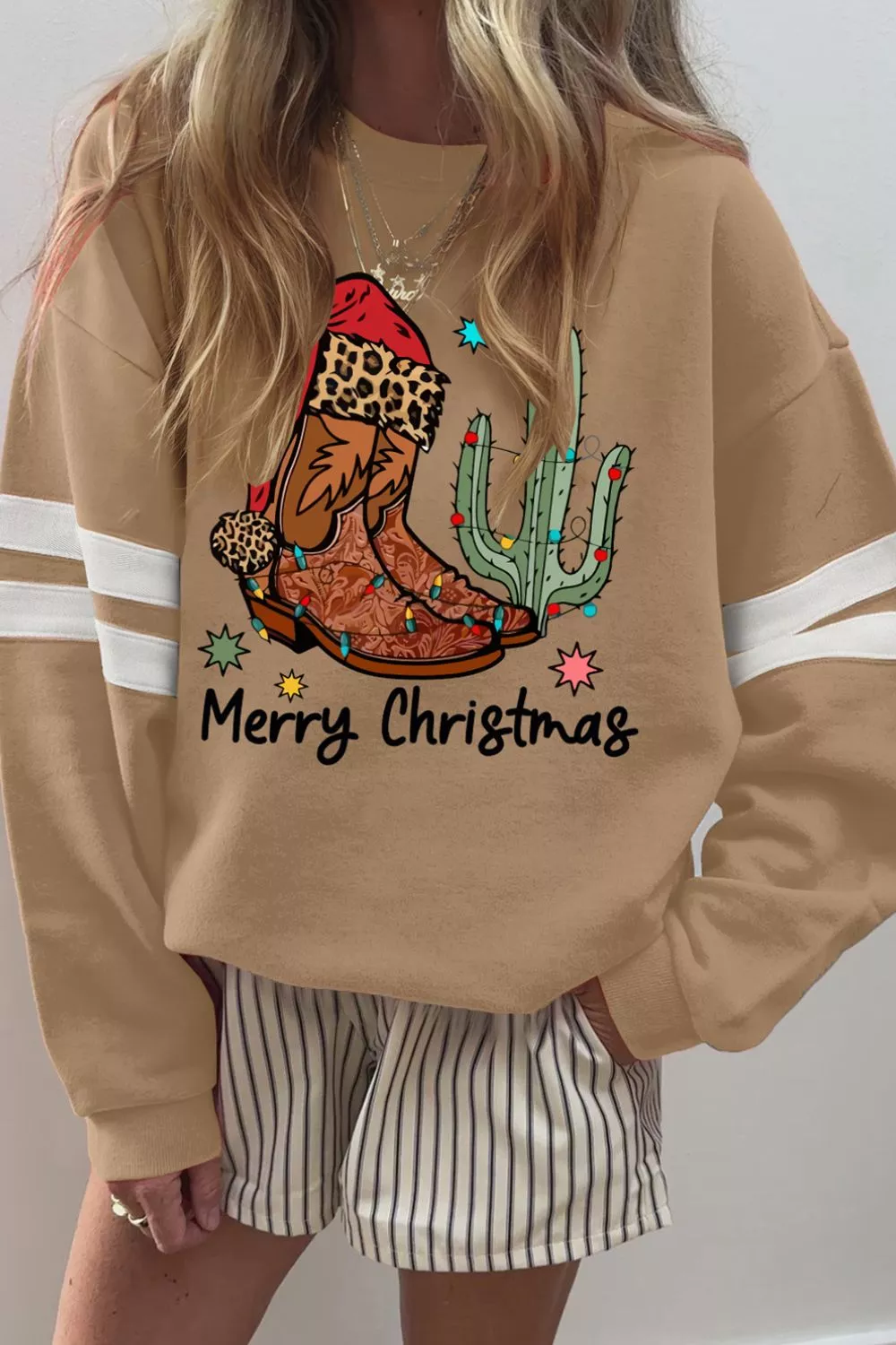 Merry Christmas Cowboy Boot Cactus Casual Sweatshirt, image 3