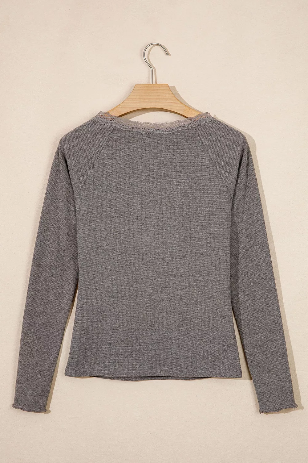 Solid Color Ribbed Lace Trim V-Neck Button Detail Long Sleeve Top, image 6