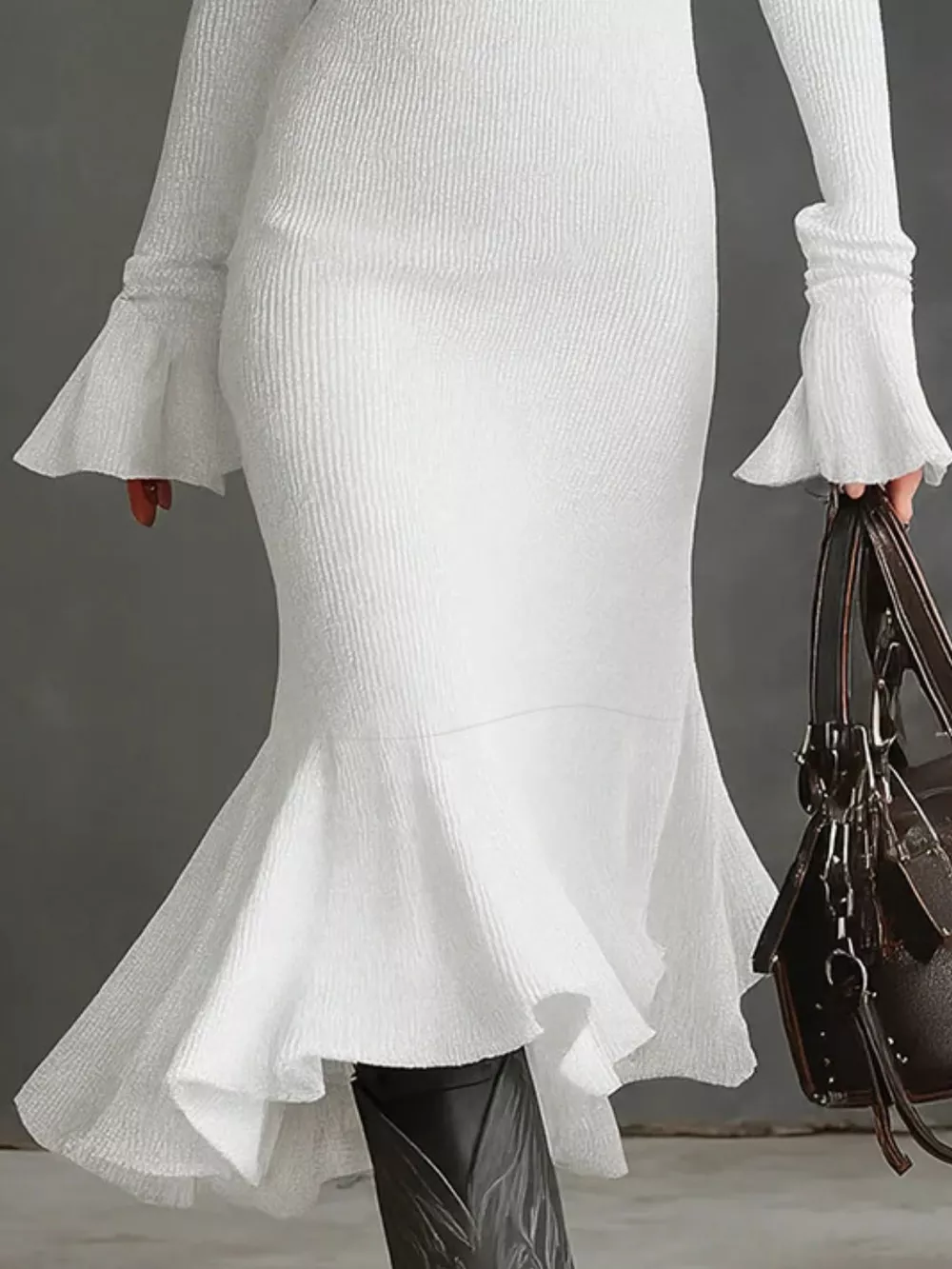 Ribbed Knit Zip Front Flare Hem Midi Dress, image 24
