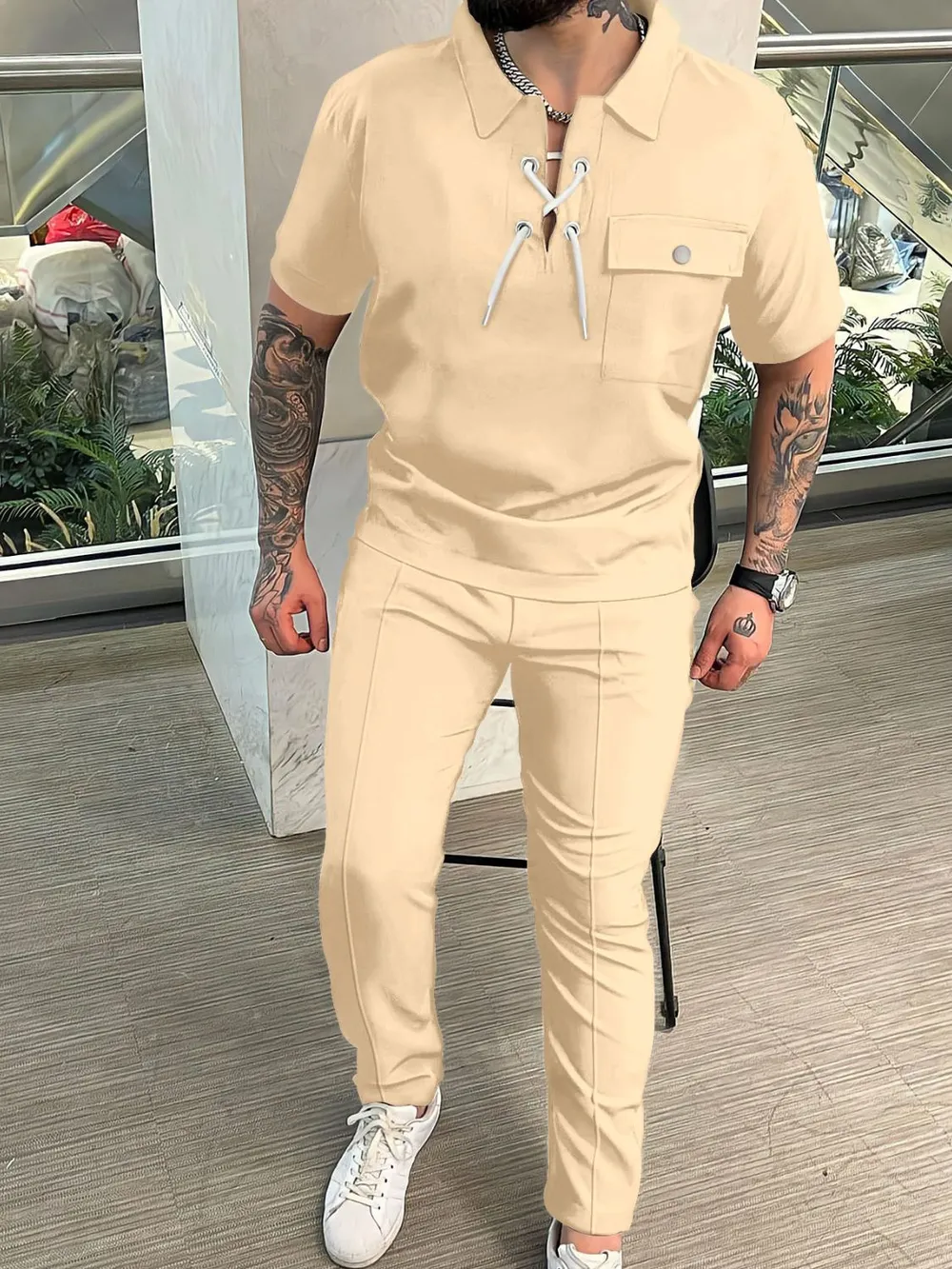 Men's Full Size Lace Up Short Sleeve Top and Pants Plus Size, image 6