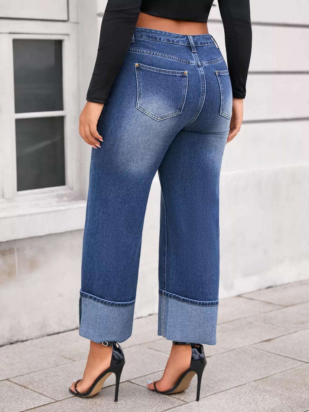 Plus Size High Waist Cuffed Wide Leg Jeans, image 4