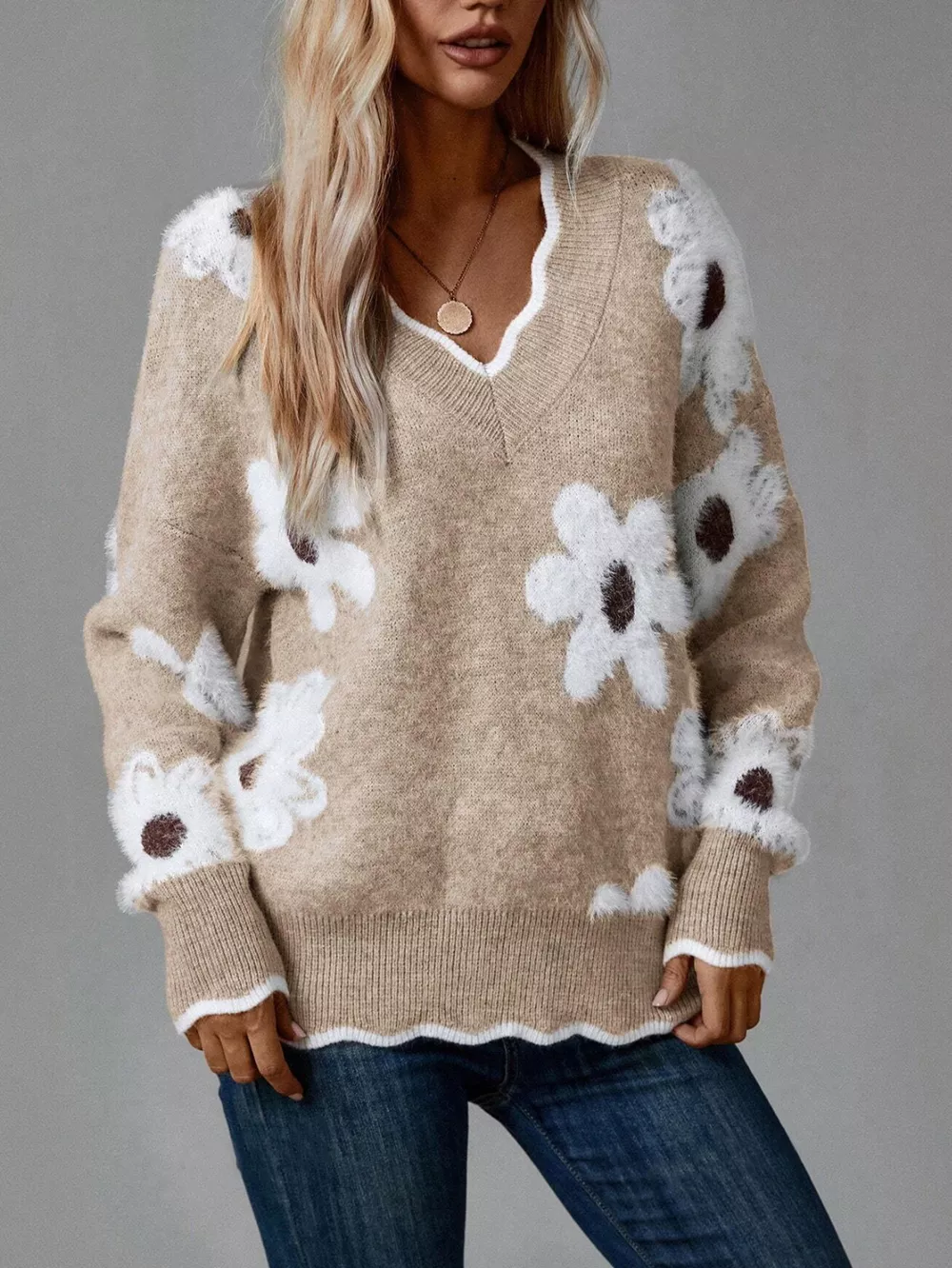 Floral V-Neck Long Sleeve Sweater, image 6