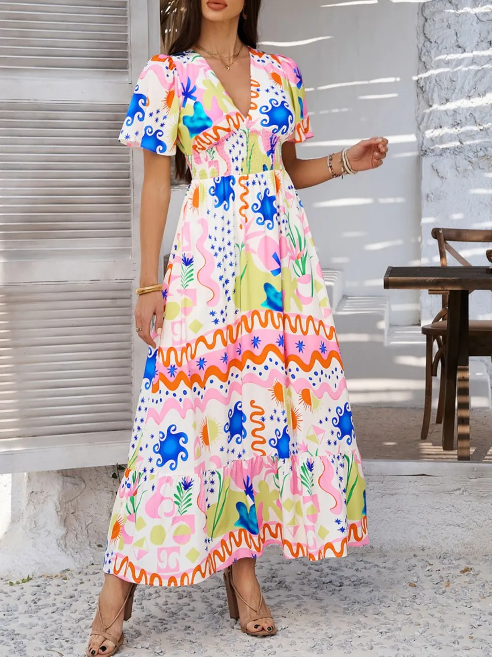 Smocked Printed V-Neck Short Sleeve Maxi Dress, image 7