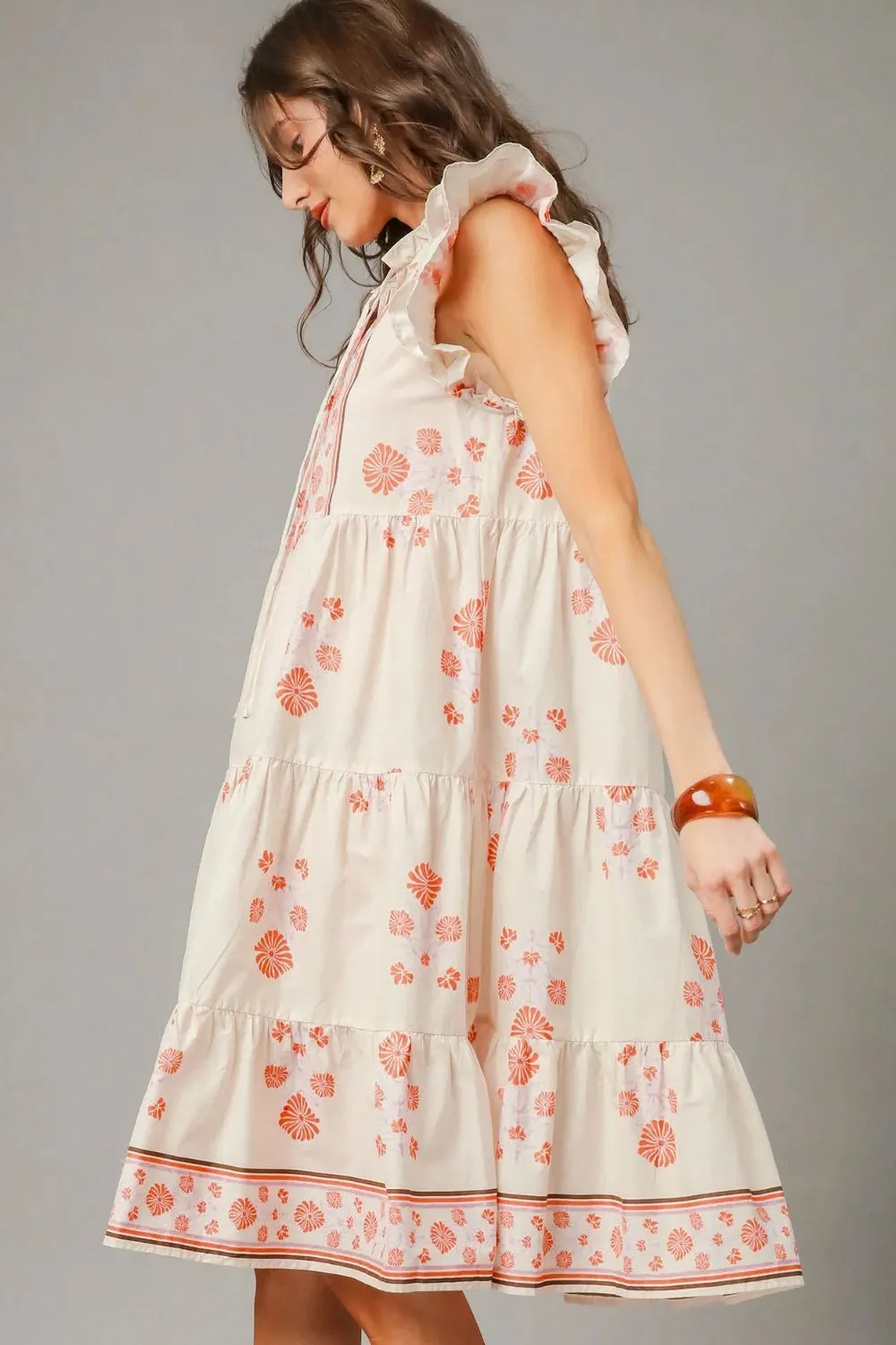 Printed Tie Neck Ruffle Cap Sleeve Dress, image 3