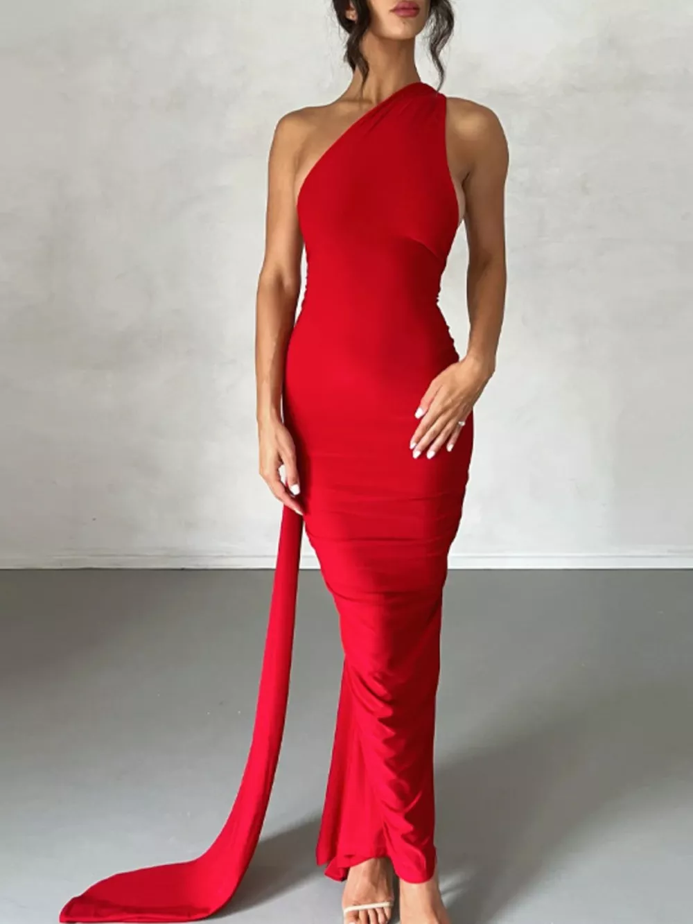 Backless One-Shoulder Ruched Bodycon Maxi Dress, image 35