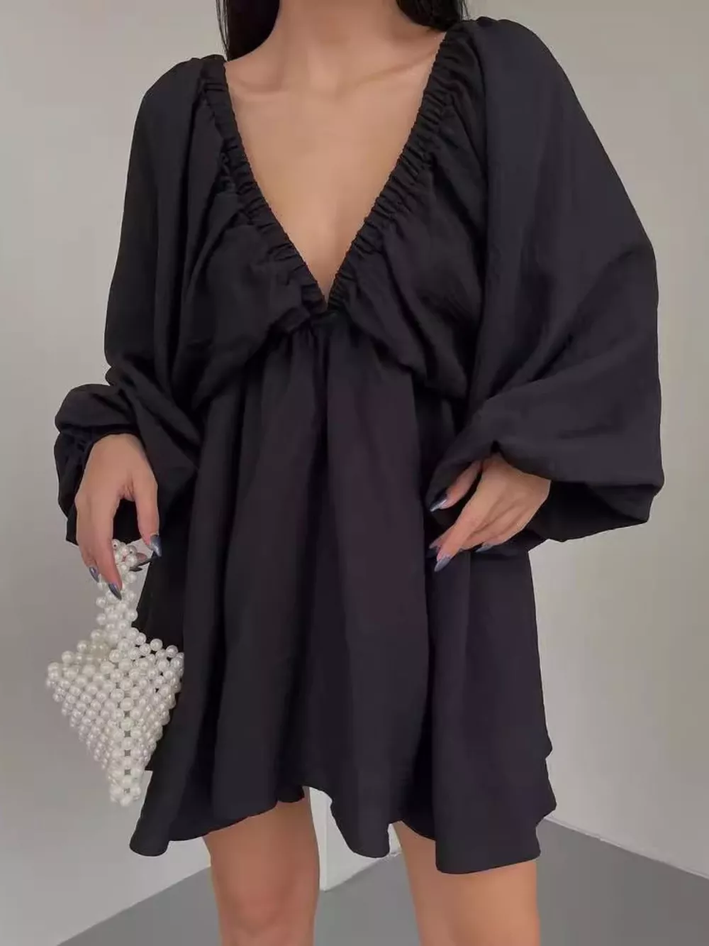 Deep V-Neck Balloon Sleeve Dress, image 16