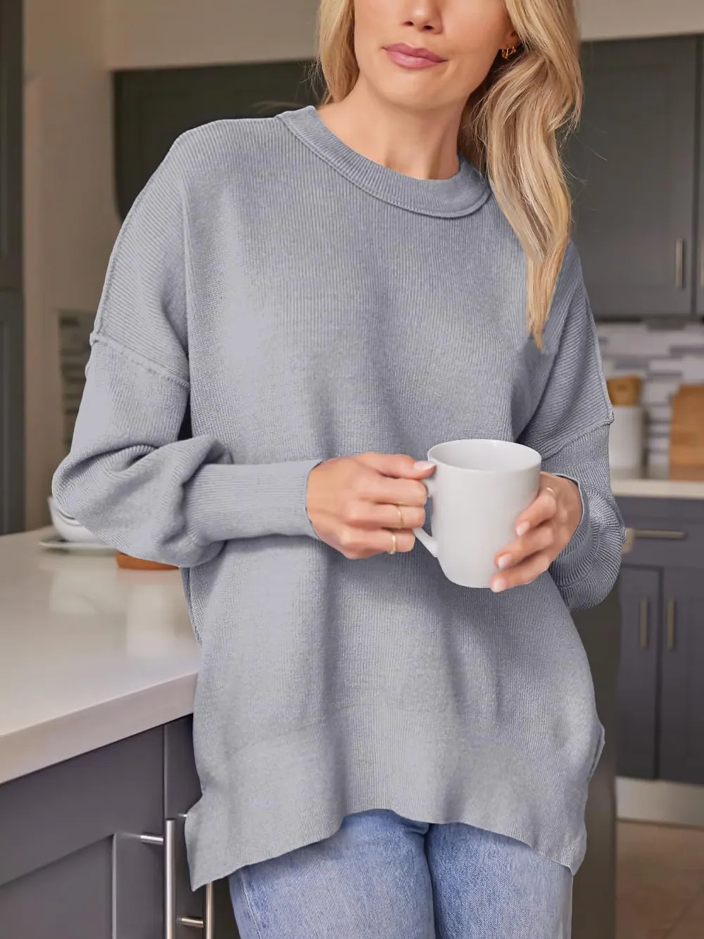 Slit Round Neck Dropped Shoulder Sweater, image 19