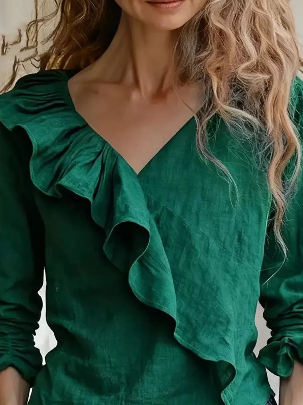 V-Neck Ruffled Long Sleeve Blouse, image 2