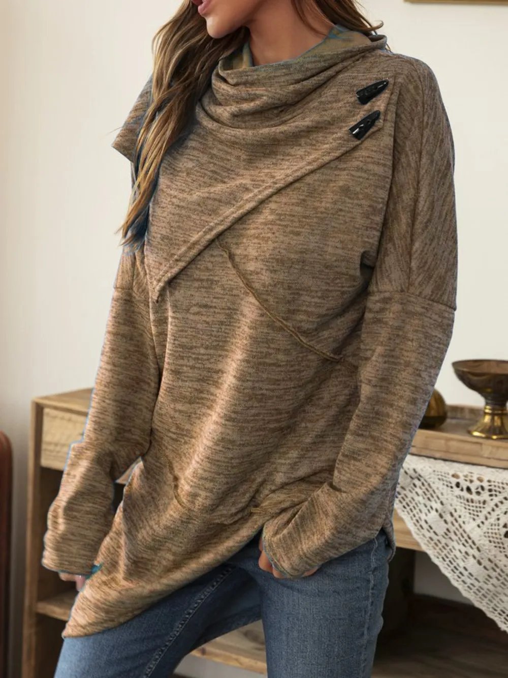 Asymmetrical Hem Cowl Neck Long Sleeve T-Shirt, image 15