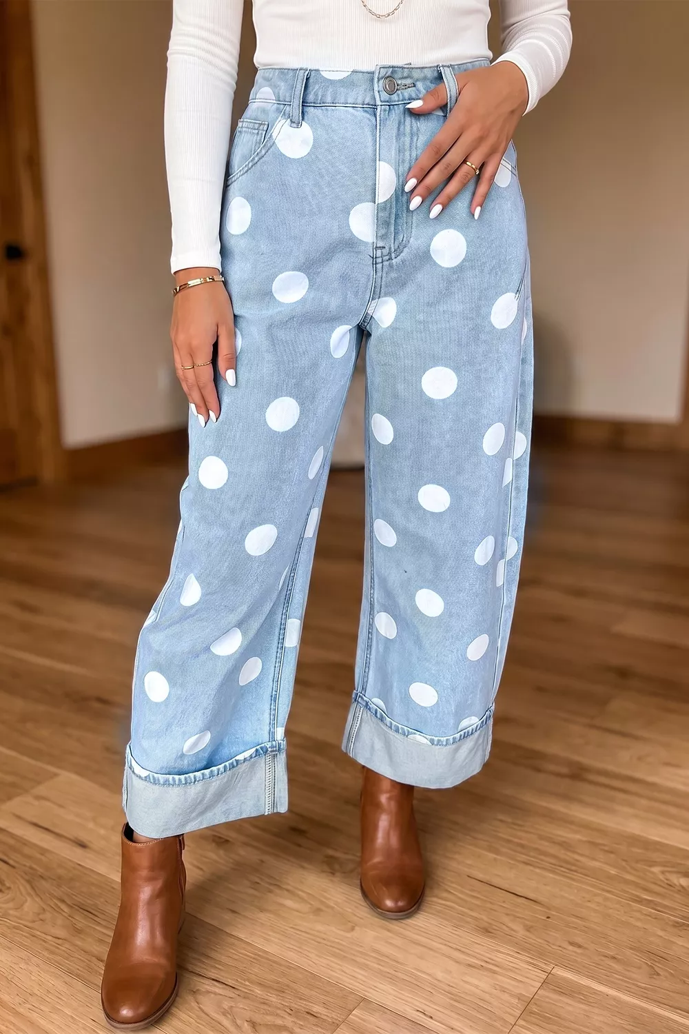 Polka Dot Ankle-Length Metal Button Casual Jeans, image 2