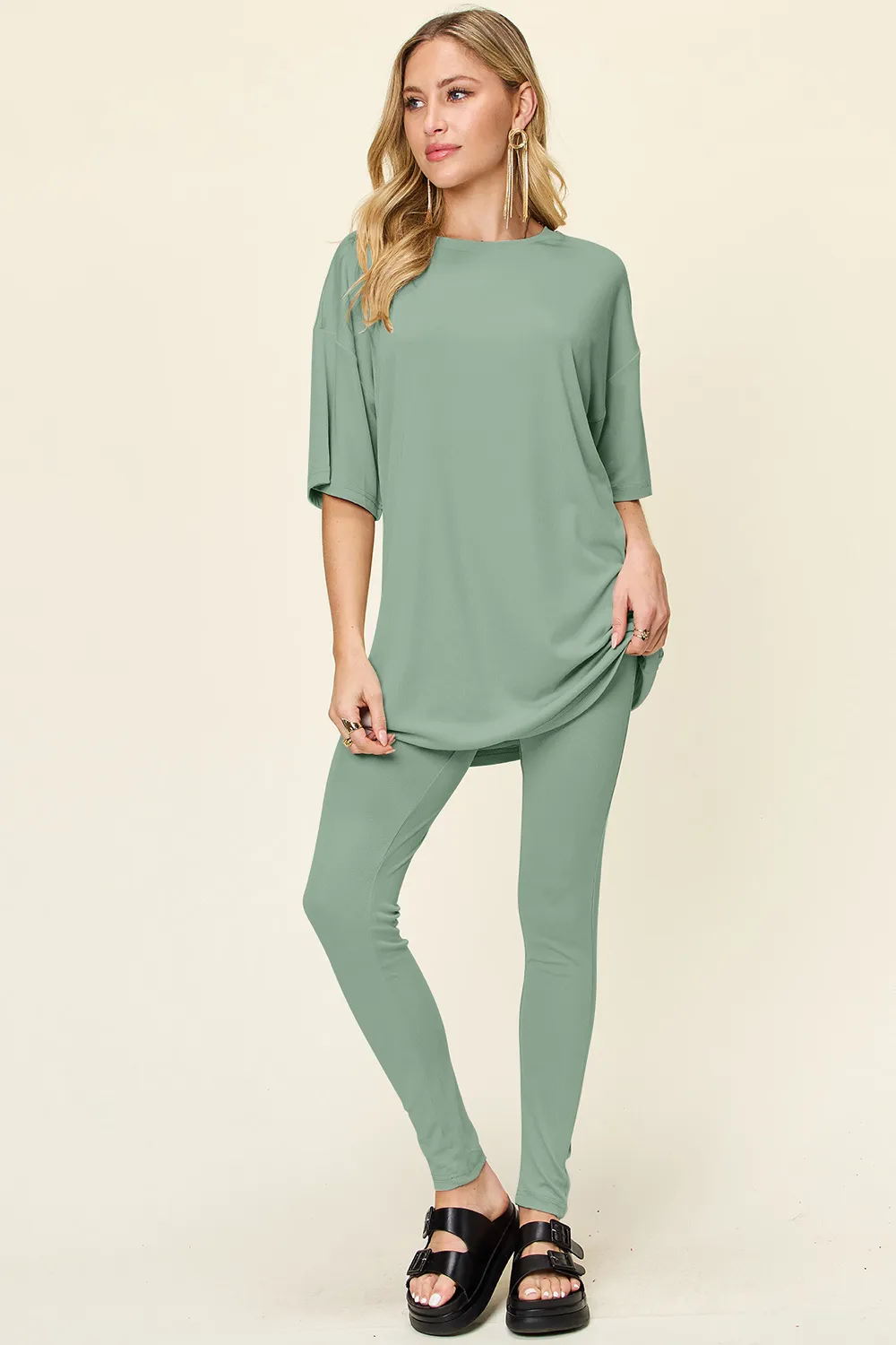 Full Size Round Neck Dropped Shoulder T-Shirt and Leggings Set, image 17