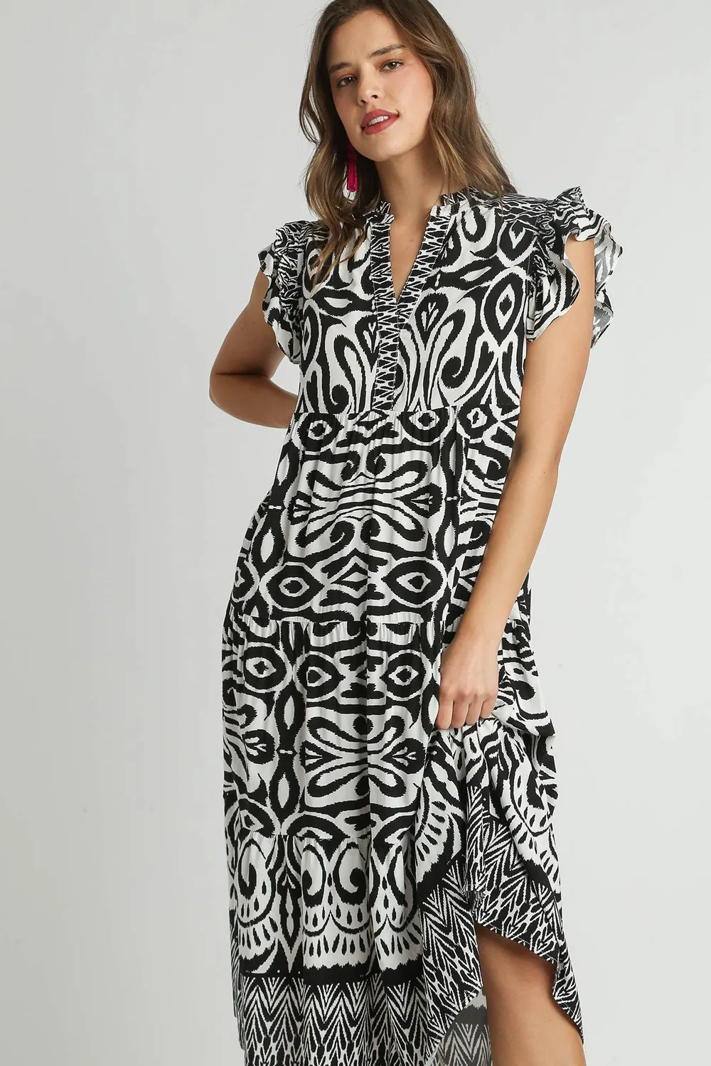 Full Size Two Tone Border Print Ruffle Cap Sleeve Midi Dress Plus Size