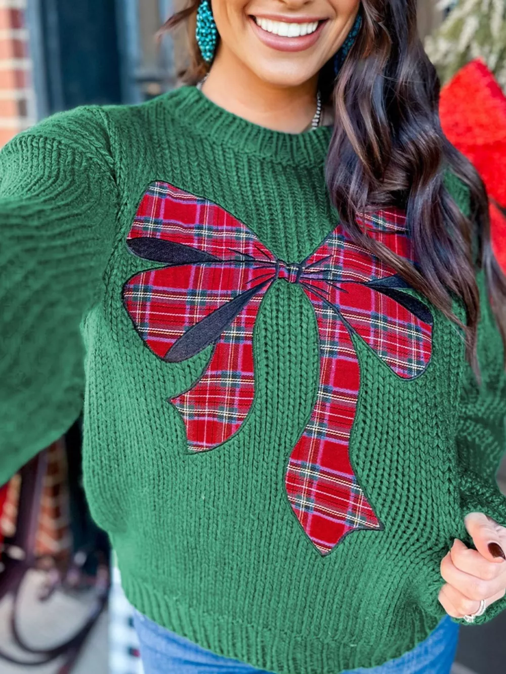 Plaid Bow Graphic Christmas Sweater