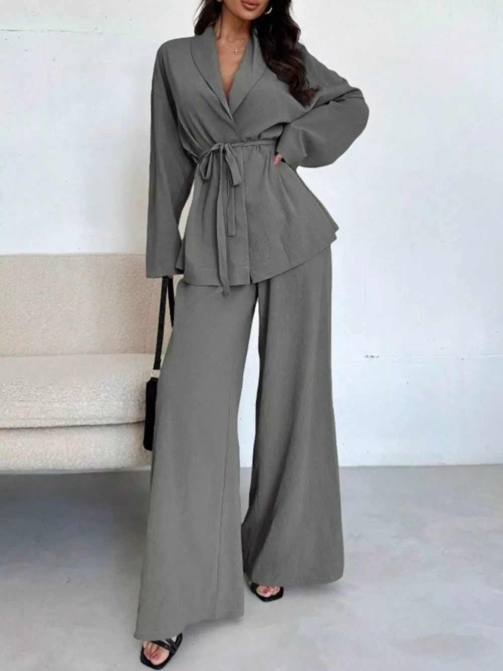Textured Tie Waist Top and Wide-Leg Pants Set, image 19