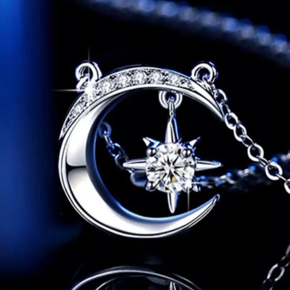 925 Sterling Silver Moissanite Star Moon Necklace, image 4